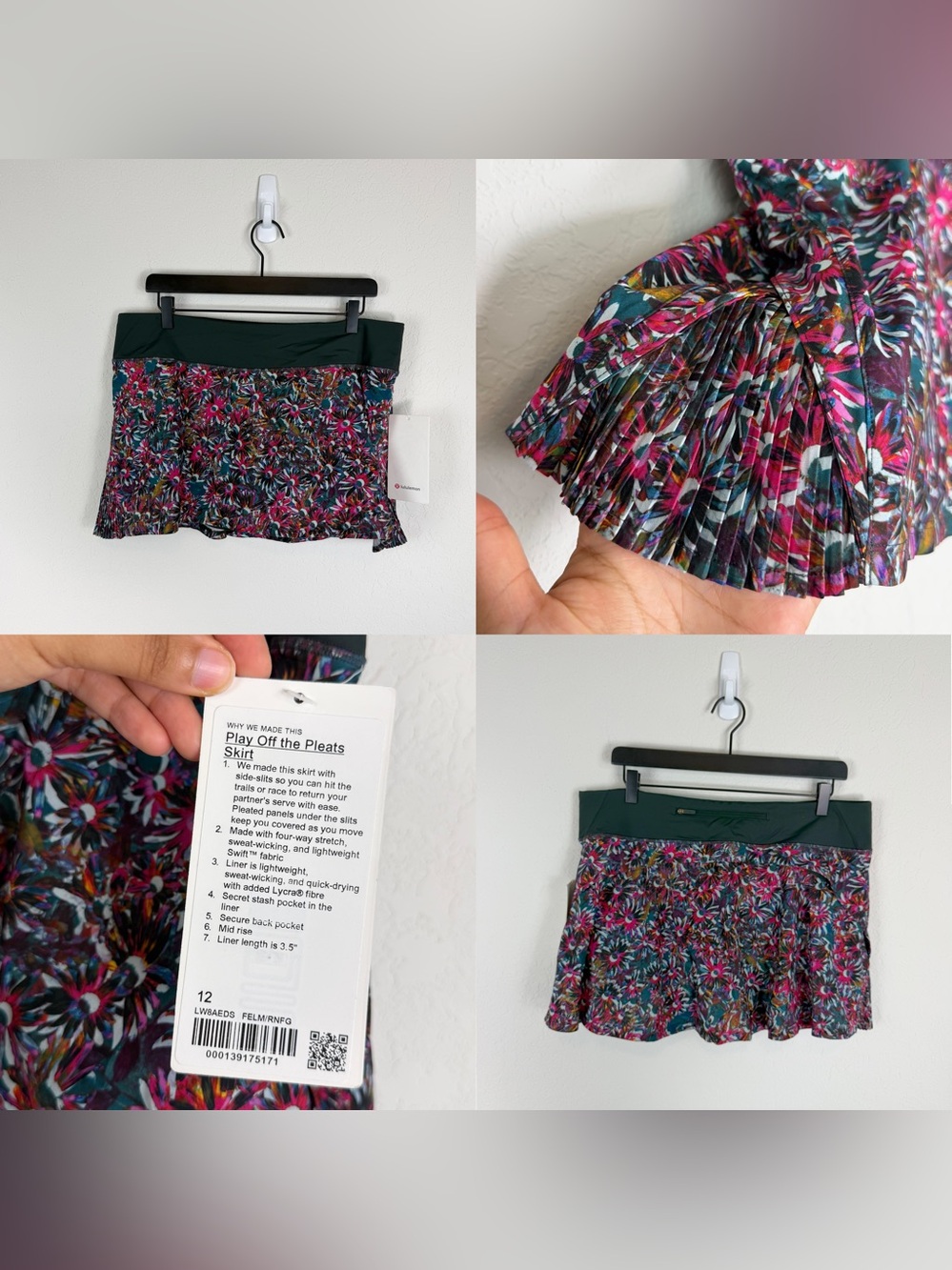 •LULULEMON• Play Off The Pleats Skirt Size 12 Electric Multi / Rainforest Green